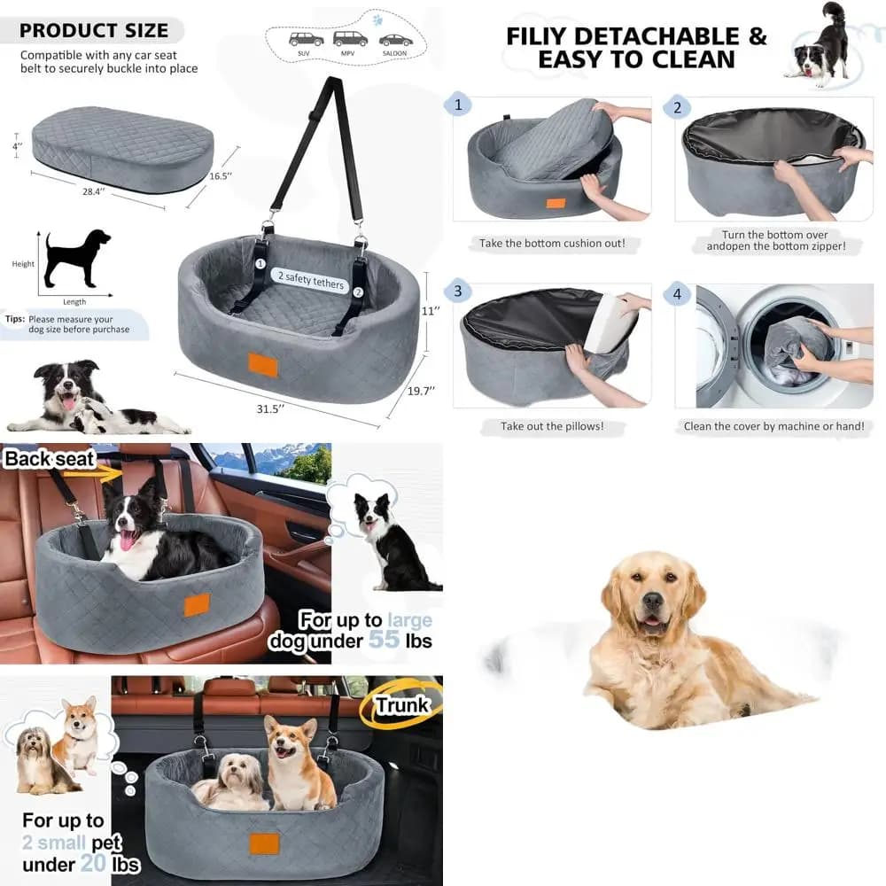 Seggiolino auto rialzato per cani di taglia media e grande fino a 25 kg, con base antiscivolo e cuccia lavabile (Grigio)