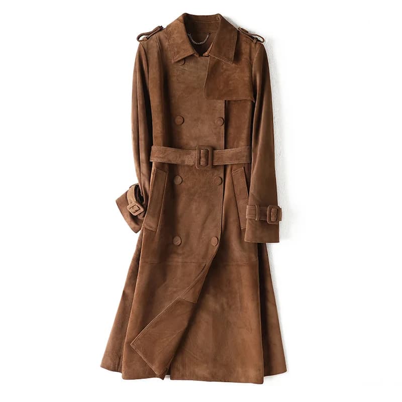 Women Genuine Leather Trench Coat Vintage First Layer Frosted Cow Leather Lady Classic Double breastyed Belt Long Trench Outwear