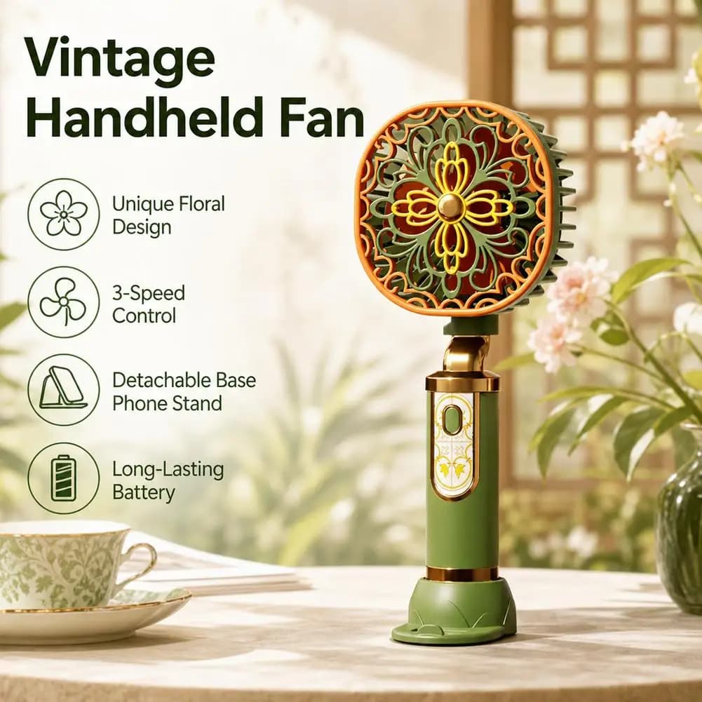 Vintage Handheld Fan Portable USB Rechargeable Mini Fan 3-Speed Desktop Fan with Phone Stand Cooling Summer Gadget