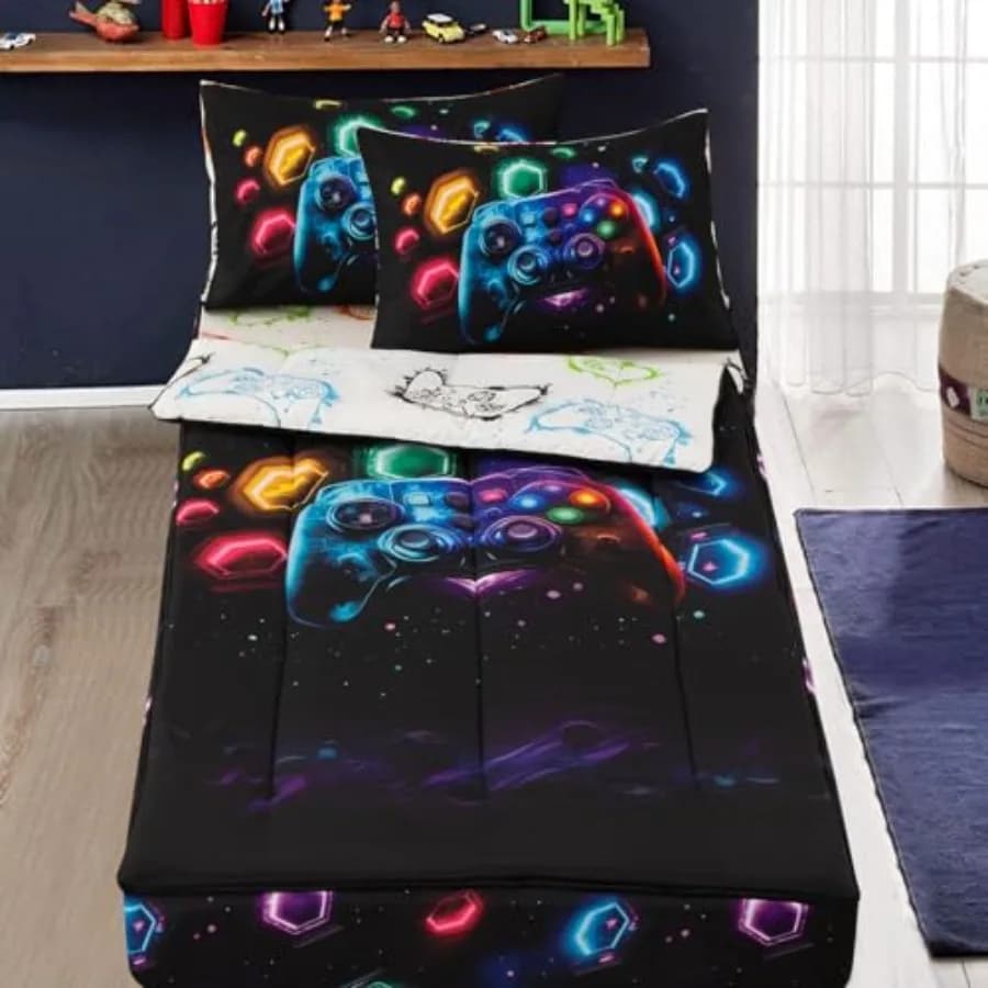 Set Copripiumino con Cerniera a Tema Console di Gioco - Biancheria da Letto con Cerniera per Ragazzi, Tema Spazio e Galassia, Misura Singola