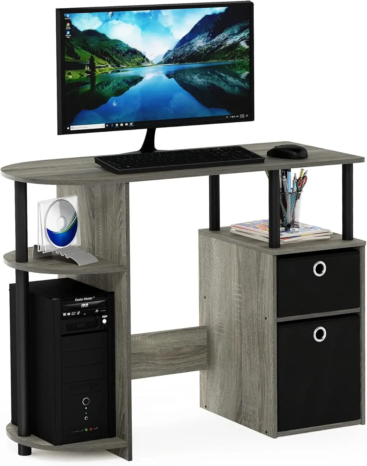 Scrivania da Gaming Larga 38,4 Pollici con Cassetti Contenitori, Ripiano Laterale per Studio, Ufficio Domestico, Camera da Letto, Dormitorio - Finitura Rovere Francese