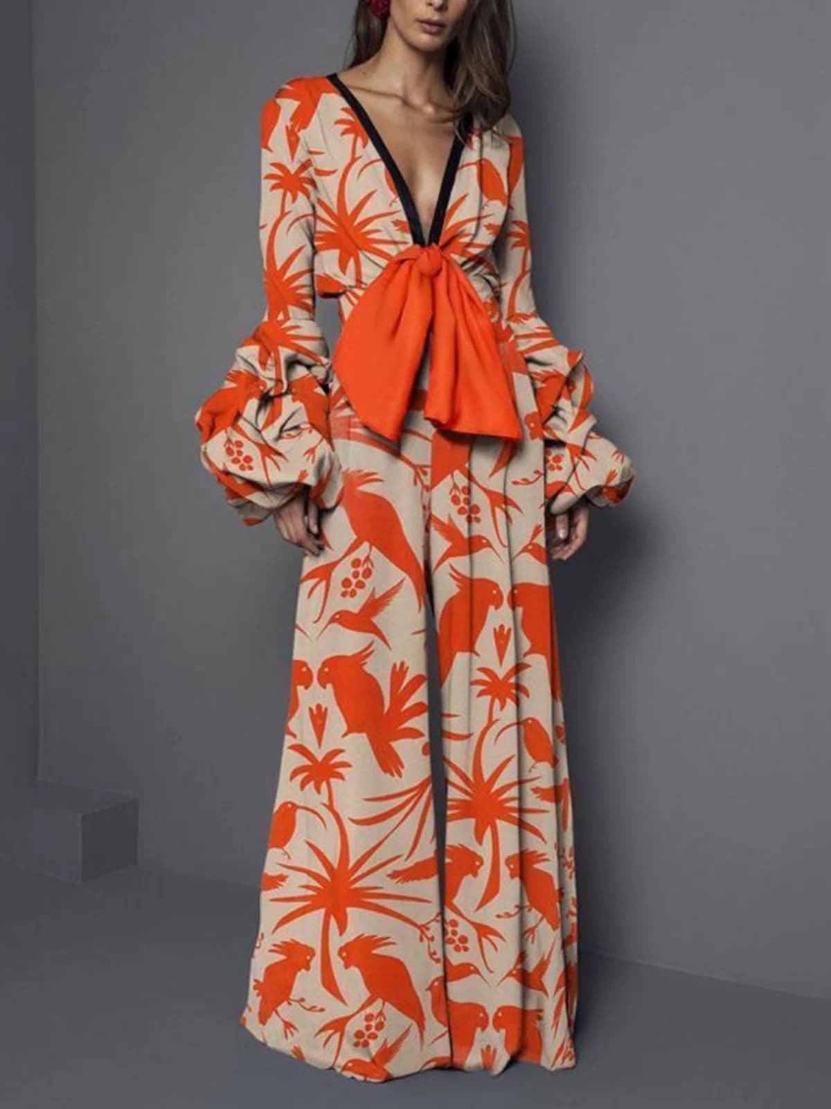 Tuta Elegante Originale a Vita Alta e Gamba Larga da Donna, Abbigliamento Transfrontaliero, Sexy con Stampa, Scollo a V, Maniche Lunghe