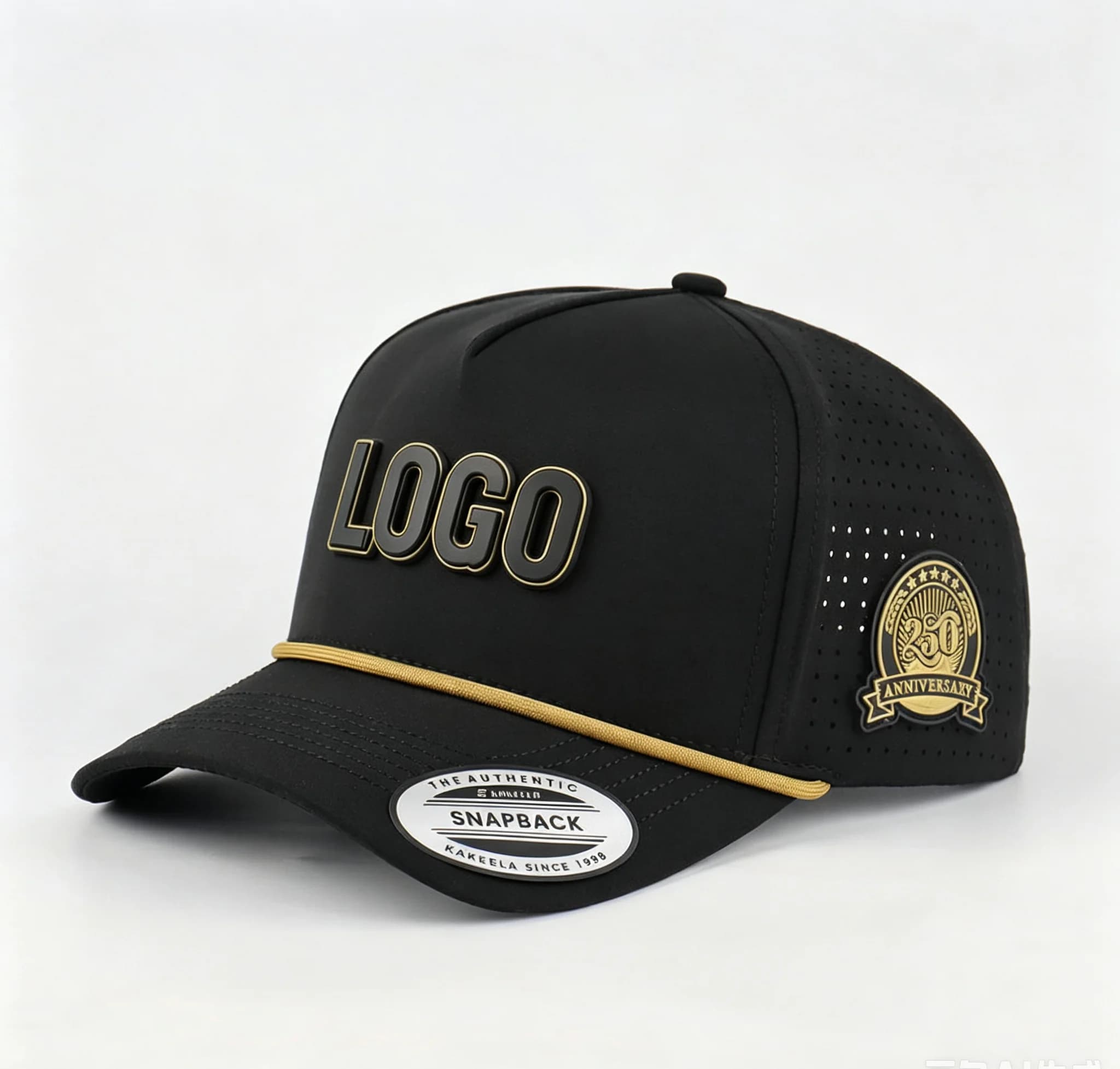Black Waterproof Sports Running Cap with Laser Cut Hole Custom Rubber Logo Patch Men's Polyester Rope USA Performance Hat
