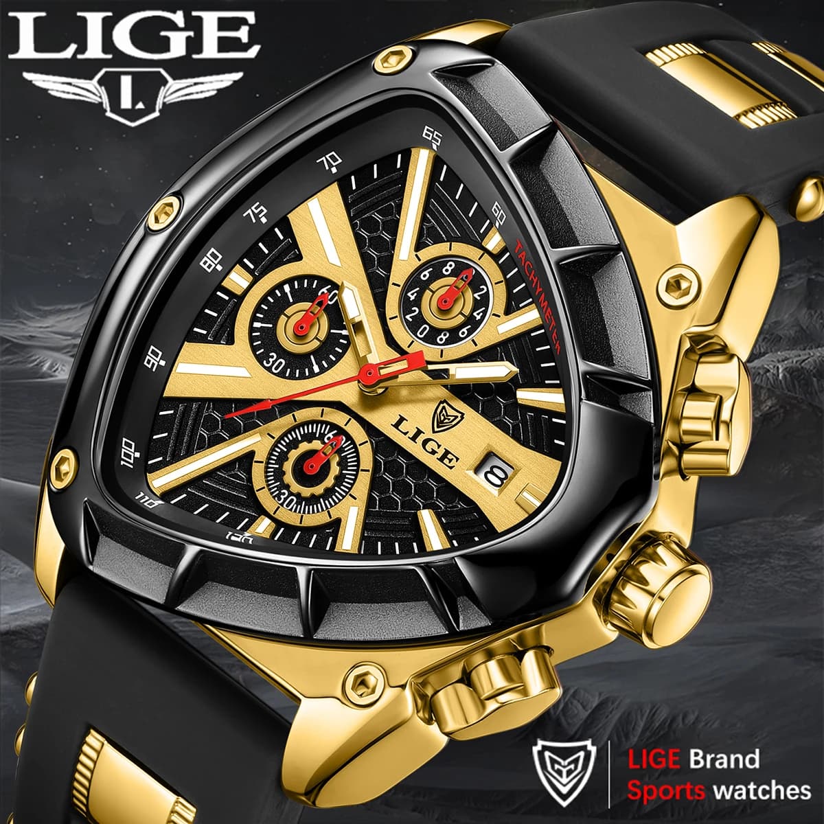 LIGE Men's sports watches Fashionable rubber strap Military wristwatch irregular quartz waterproof triangular watch with bright point