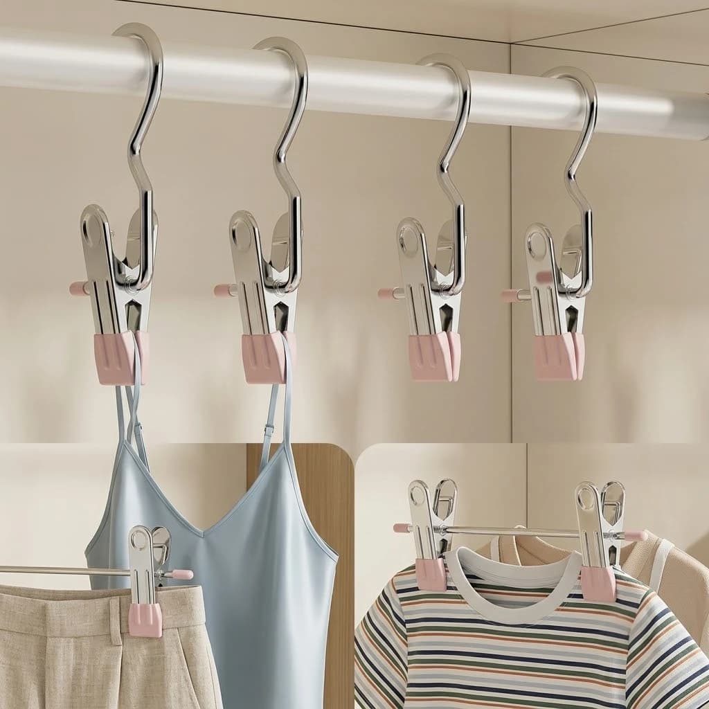 10pcs Multifunctional Stainless Steel Clothespins Clothes Hanger Clips Portable Hanging Laundry Hooks for Wardrobe Travel Socks Pants