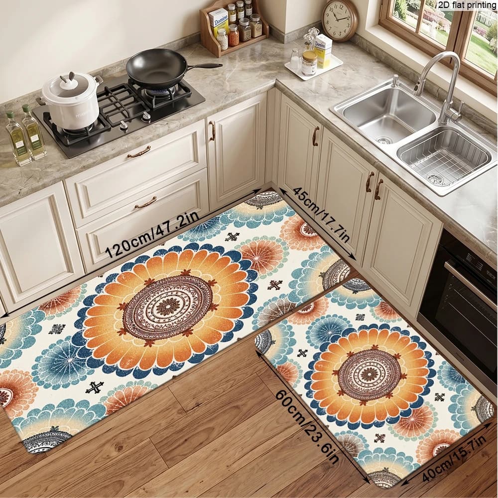 Retro Floral Pattern Kitchen Runner Rug, Multi-Size Non-Slip Household Mat, Living Room Bedroom Bedside Entryway Door Mat, 2D Flat Print Stain-Resistant Easy-Care Small Carpet