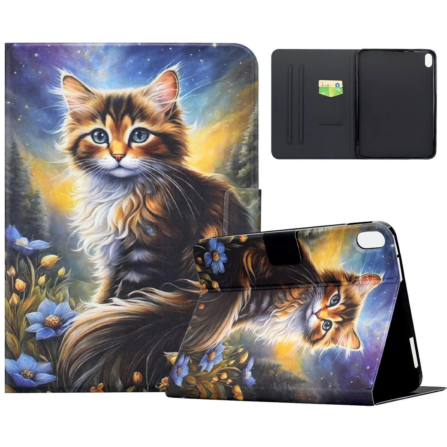 Custodia per Xiaomi Redmi Pad 2 11 con stampa fantasia, supporto e slot per carte - Gatto Notte Stellata