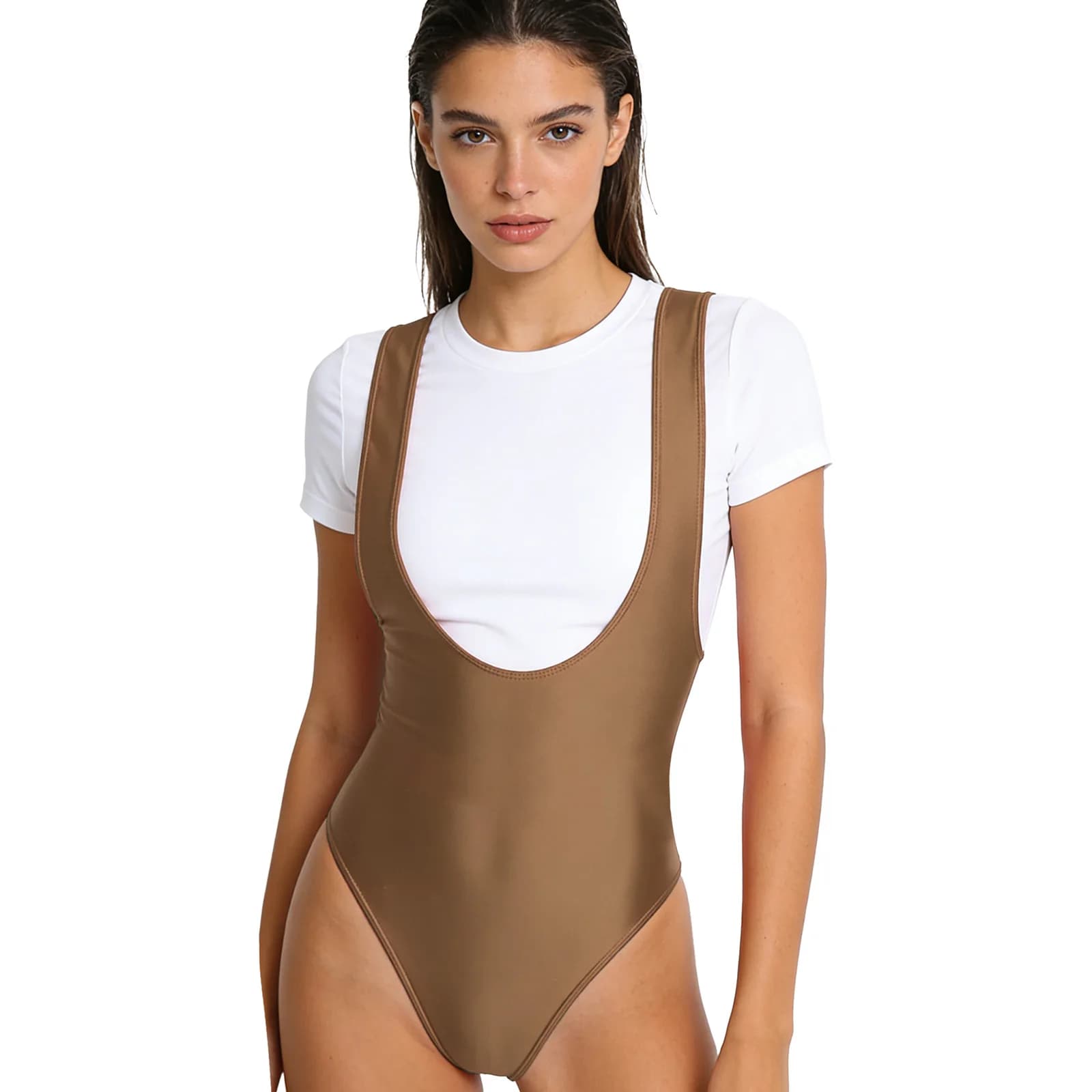 Costume da bagno intero lucido da donna, modello bodycon, scollo basso, senza schienale, con cavallo stretto, per yoga, allenamento e nuoto