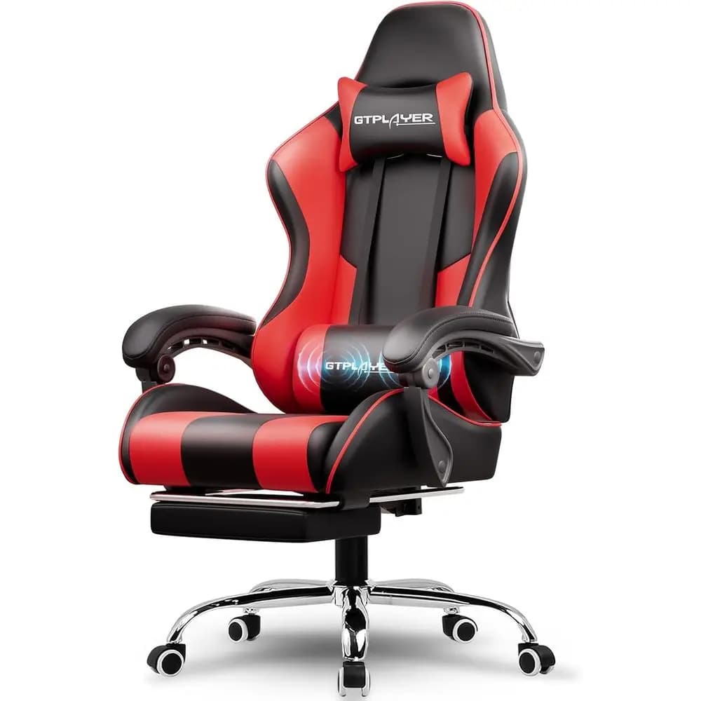 Sedia da gaming girevole ergonomica con supporto lombare e poggiapiedi, regolabile in altezza, in similpelle rossa