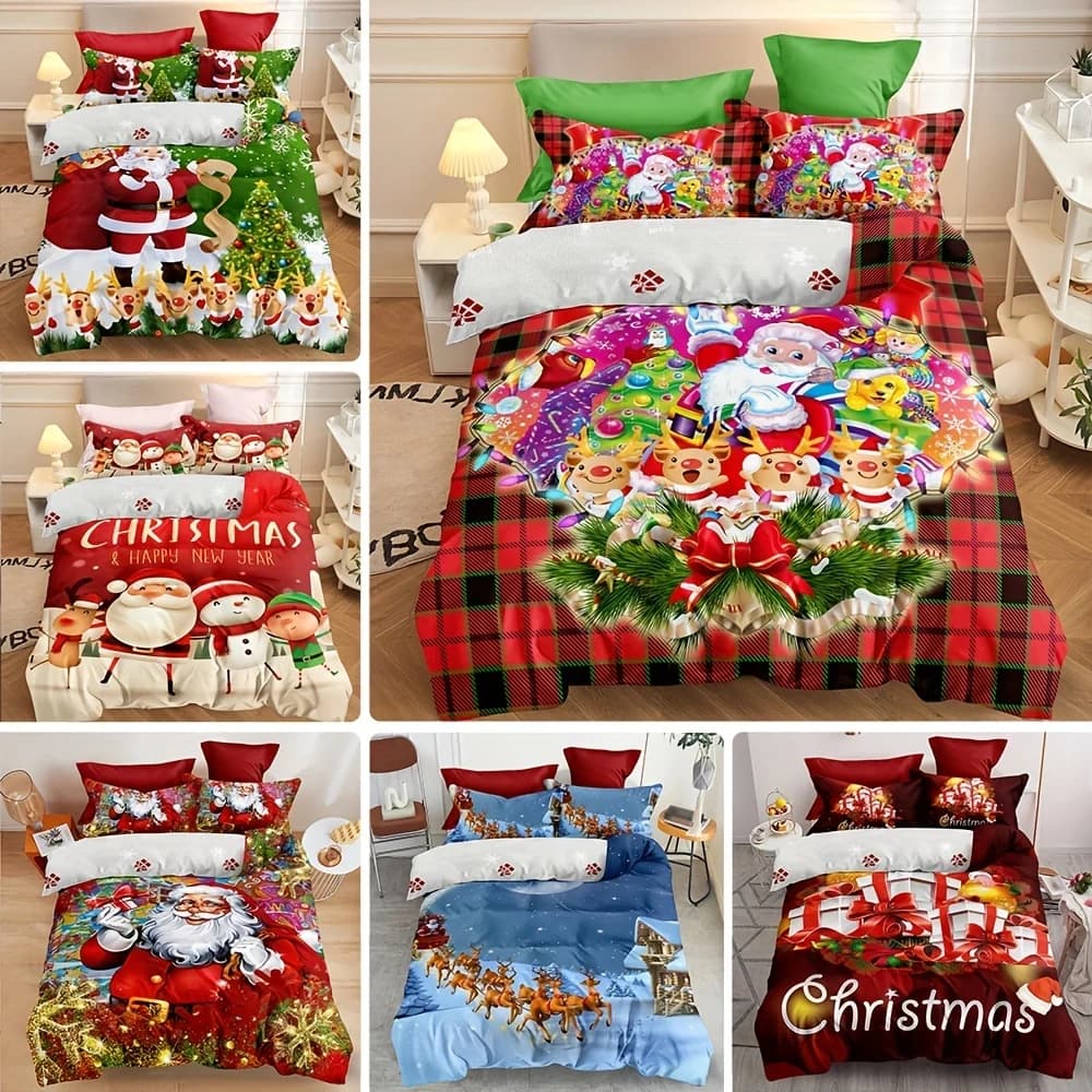 Set copripiumino natalizio da 3 pezzi - Disegni festivi di renne, Babbo Natale e pan di zenzero per uomo - Biancheria da letto in morbido poliestere per tutte le stagioni