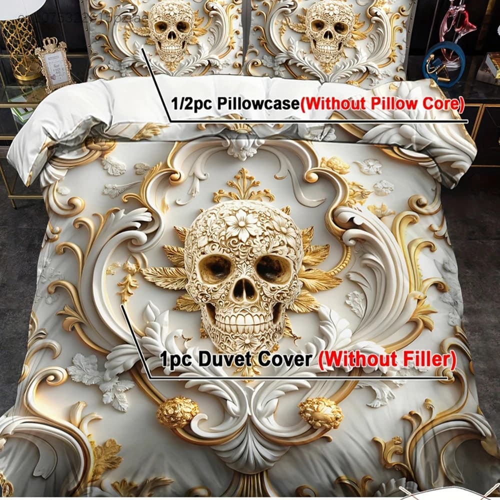 Baroque Gold Skull Bedding Set 3D Print Duvet Cover Pillowcase Set Soft And Durable Fabric For Bedroom Decor