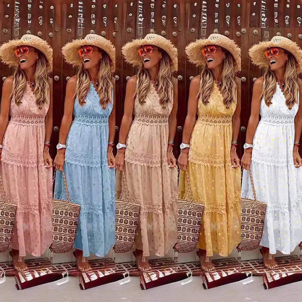 Sexy Summer New Women's Deep V Neck Sleeveless Chiffon Dress mid Length Spliced Skirt Thickened Knitted Fabric Midi Dress