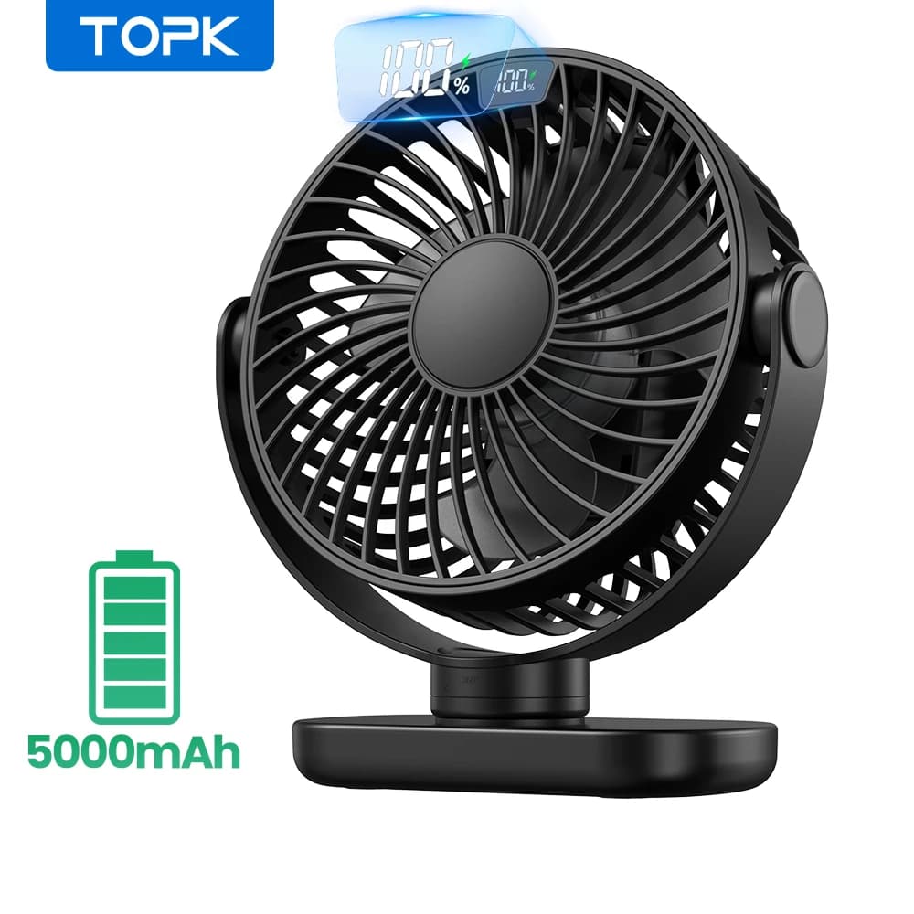 Mini ventilatore portatile TOPK K60C 5000mAh, ventilatori in piedi per stanza, Display a LED rotazione a 360 ° silenzioso ventilatore elettrico da scrivania personale per camper