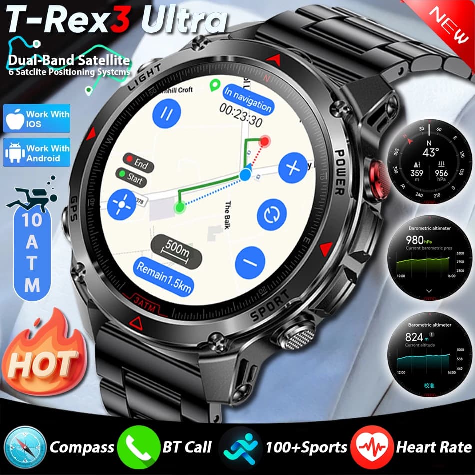 T-Rex 3 Pro Military Grade Smartwatch with AGPS, Waterproof 10ATM, GNSS Dual-band, Compass, Altimeter, AMOLED Display, for Swimming and Sport, Men's Smart Watch