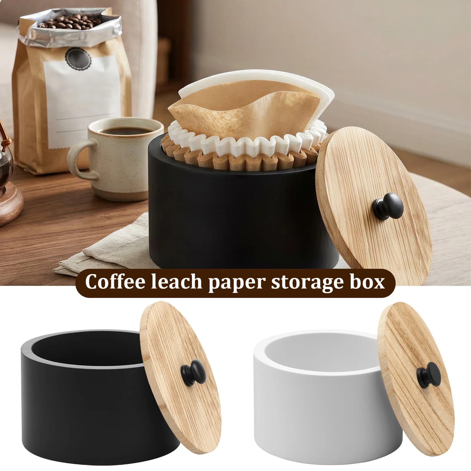 Portafiltro per Caffè in Legno, Contenitore per Filtri di Carta con Coperchio, Scatola Multifunzione da Bancone per Bustine di Tè e Cialde di Caffè