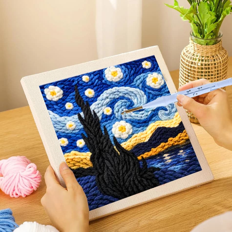 25x25cm Punch Needle Embroidery Kit For Beginner Starry Night Classic Art Painting Rug Hooking Set Yarn Art Craft with Frame Dec