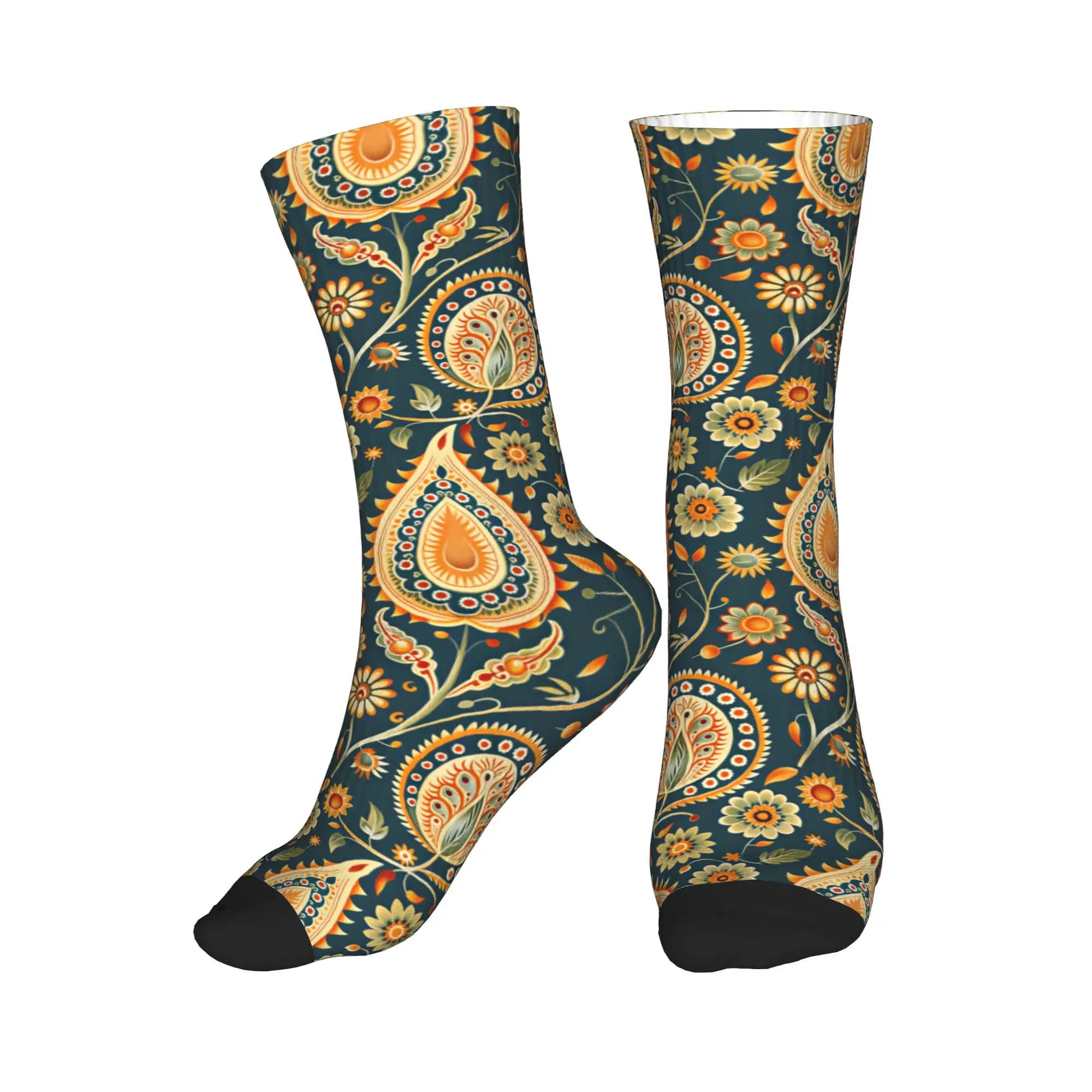 Cool Print Ornate Orange Teal Paisley Print Socks for Women Men Stretch Summer Autumn Winter Crew Socks