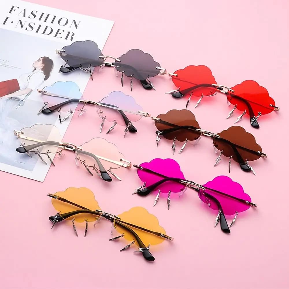 Occhiali da sole con fulmini nuvole divertenti occhiali da sole senza montatura occhiali da sole colorati da discoteca per feste occhiali da sole anni '90