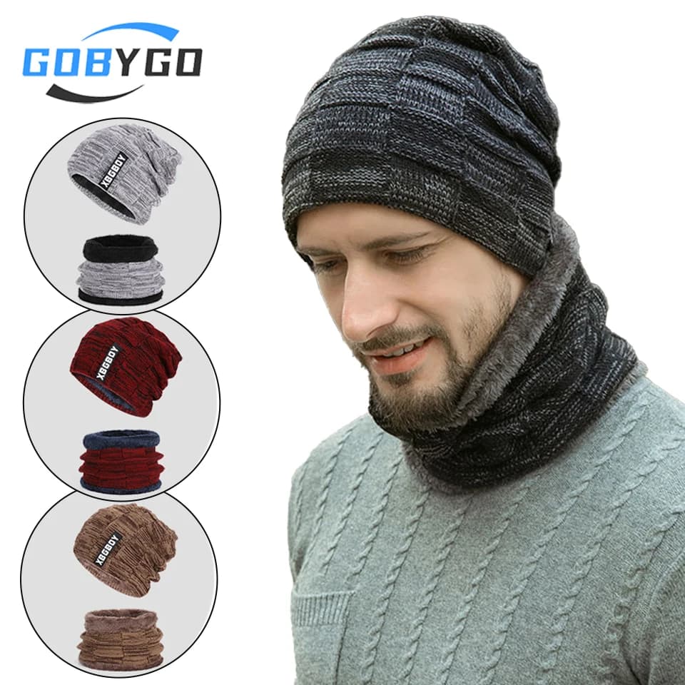 GOBYGO Winter Hat Pullover Cap Scarf Set Heat Storage Warmth Preservation A fleece Thickened Woolen Cap Knitted Cap Men Women