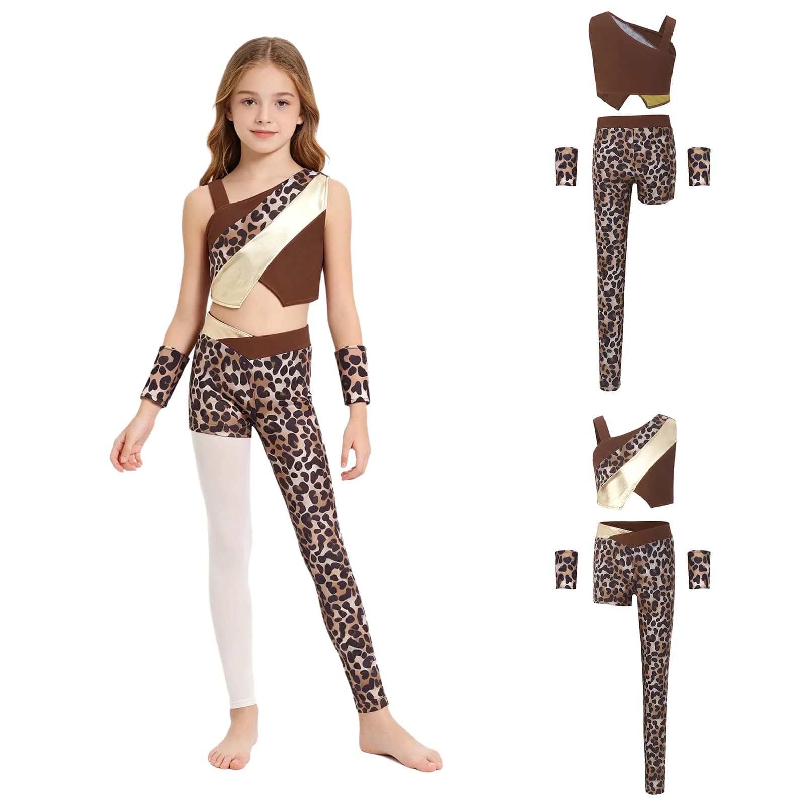 Costume da caverniandra per bambine, completo cosplay con top corto senza maniche, maniche a soppalco e pantaloni asimmetrici, per travestimenti da personaggi