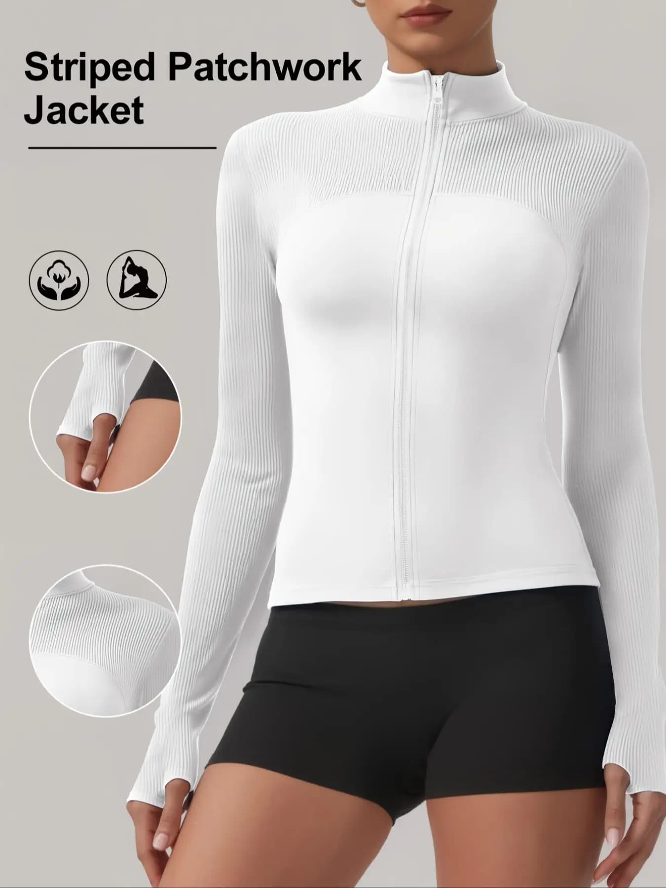 Women's Solid Zip Up Sports Jacket, Sporty Long Sleeve Stand Collar Outerwear for Gym Workout Running, Ladies Sportswear for All