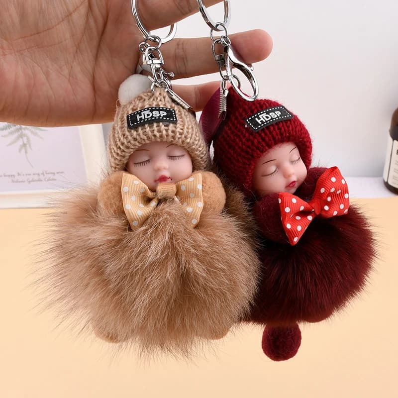 Nice sleeping baby keychain with cute pendant and soft plush doll for auto fashion women's bag with pendant backpack decoration gift