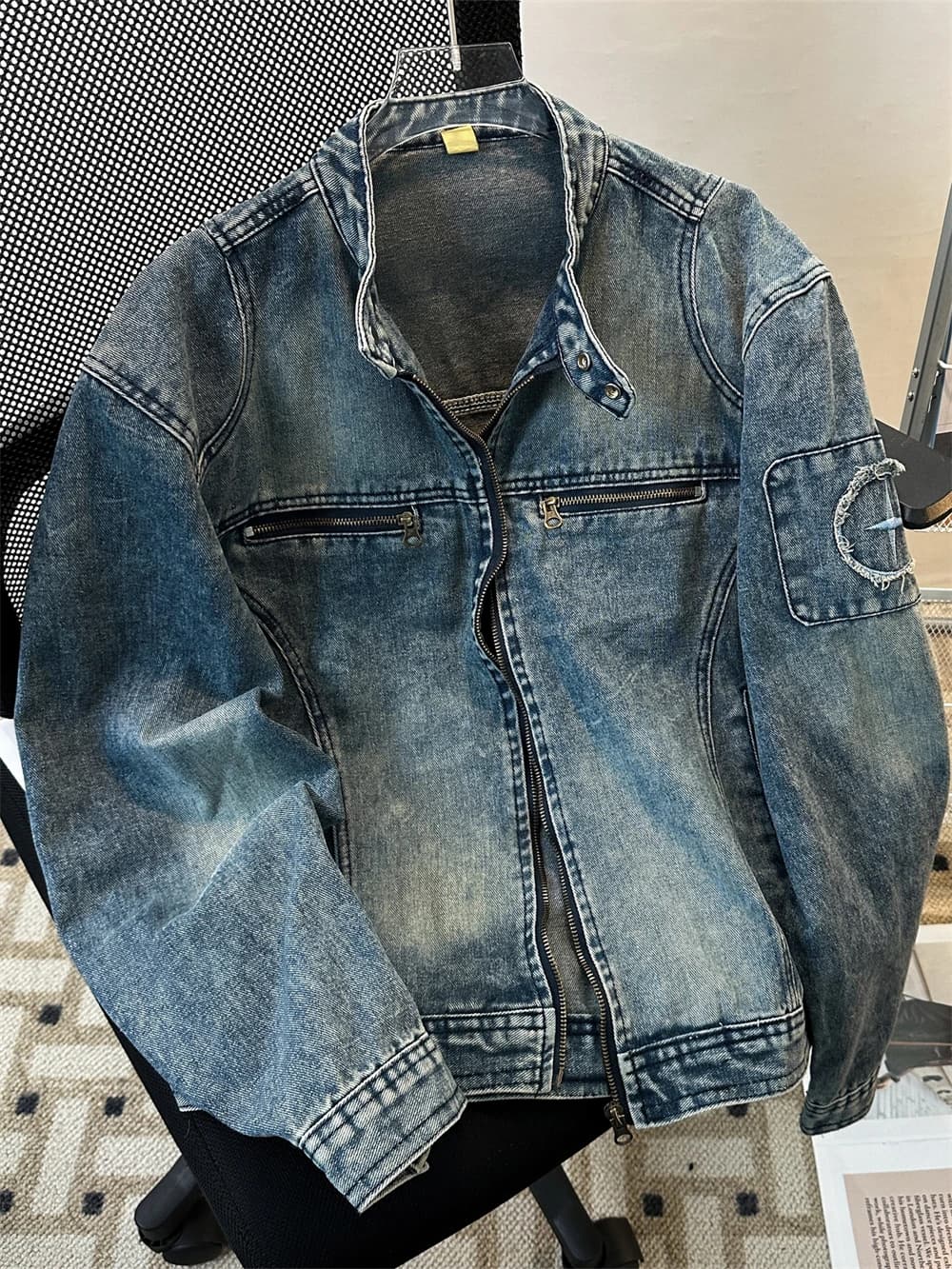 Washed Vintage American Style Men's Denim Jacket Autumn High Street Workwear Zipper Top Trendy Loose Fit Youthful Energy