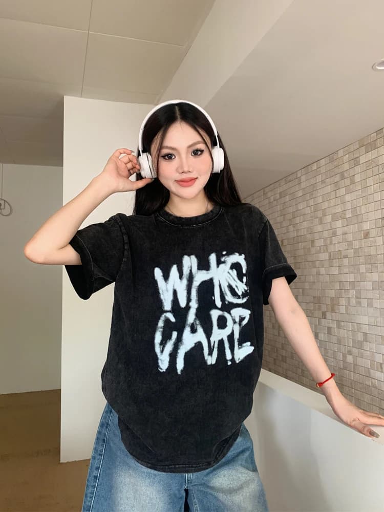 T-shirt da donna lavata stile americano High Street con stampa lettering, girocollo ampio, manica corta, nuova collezione estiva, moda streetwear