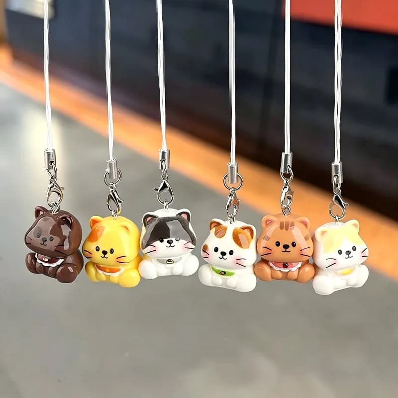 3D Resin Sitting Kitten Phone Lanyard Decor Glossy Cute Keychain Bag Accessories Mini Figurine Pendant Cat Lovers Ornament Gifts