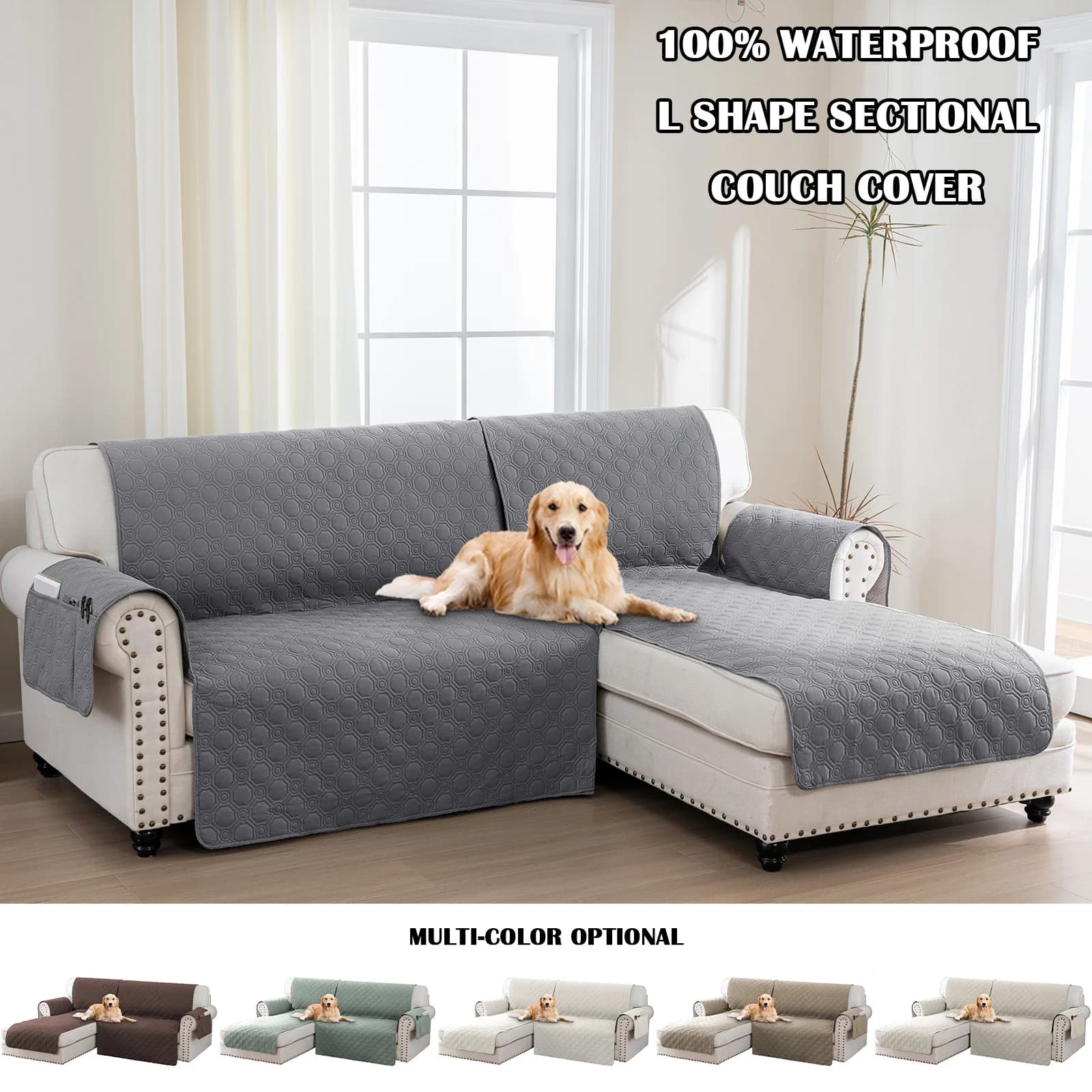 100% Liquid-Resistant Sofa Slipcover L Shape Couch Cover Sectional Couch Cover L Shaped Left Right Chaise Cover for Dogs Cats Pets Non-Slip with Straps PRINCEDECO
