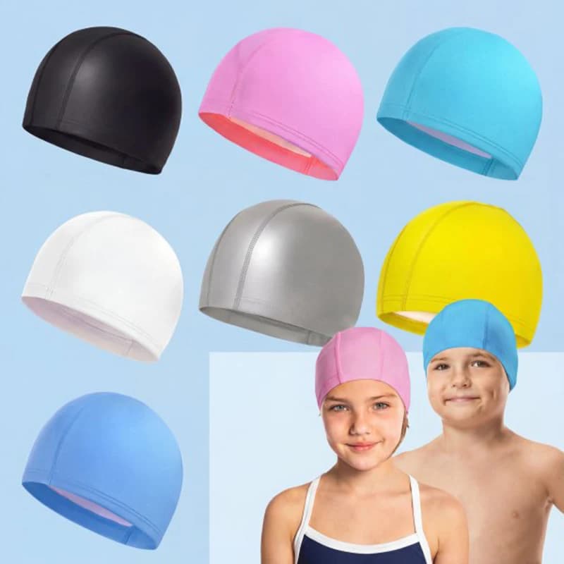 Children's PU waterproof swim cap Adults Unbuilt high elasticity diving head Long hair ear protector Unisex swim head