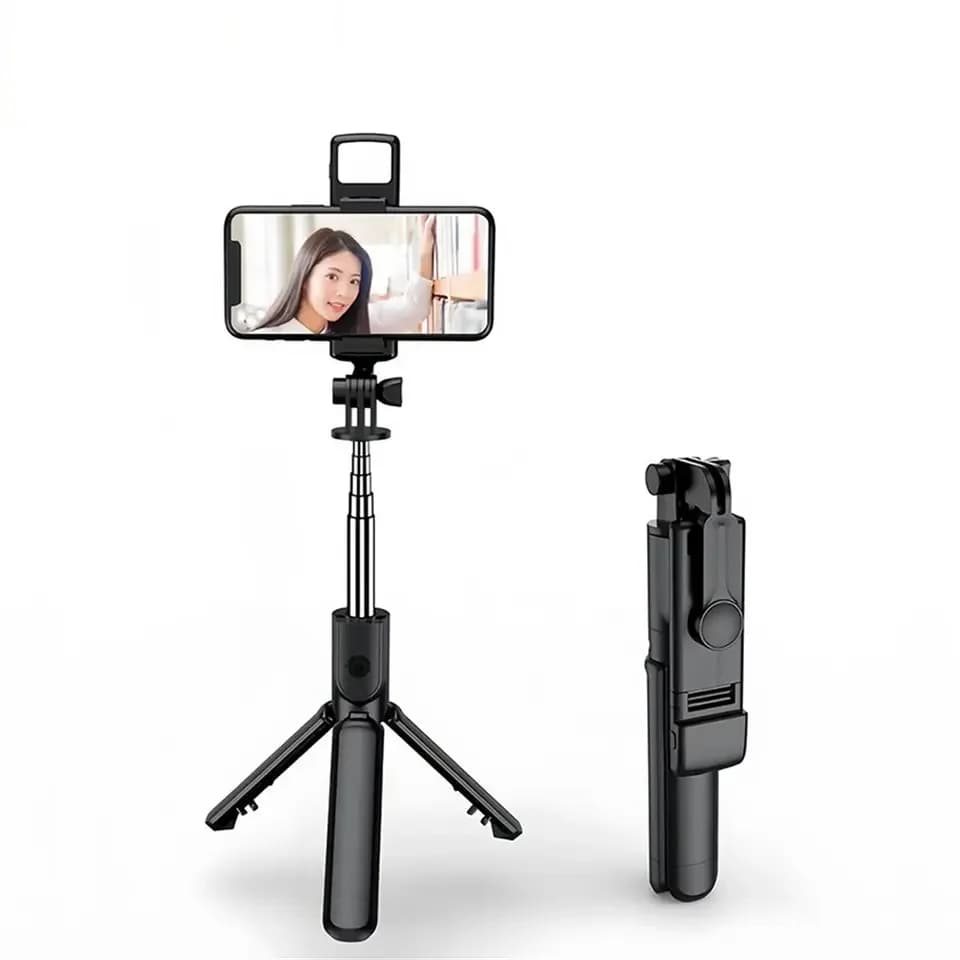 Treppiede Bluetooth per selfie con supporto da tavolo, supporto per telefono, otturatore remoto wireless, per iPhone e Android, opzione con luce di riempimento