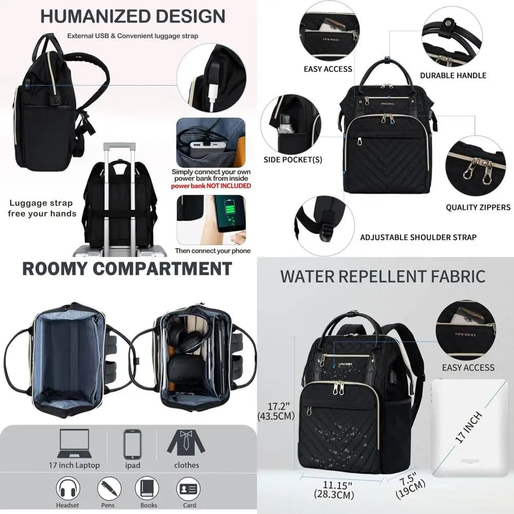 Laptop Backpack Quilted 17 Inch - Elegant, Water Resistant, College Backpack and Daily Use with USB Port for Travel and Work