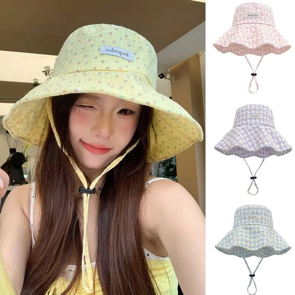 Fashion Floral Plaid Fisherman Hat Large Brim Adjustable Sunscreen Hat Foldable Sun Protection Sun Cap Beach