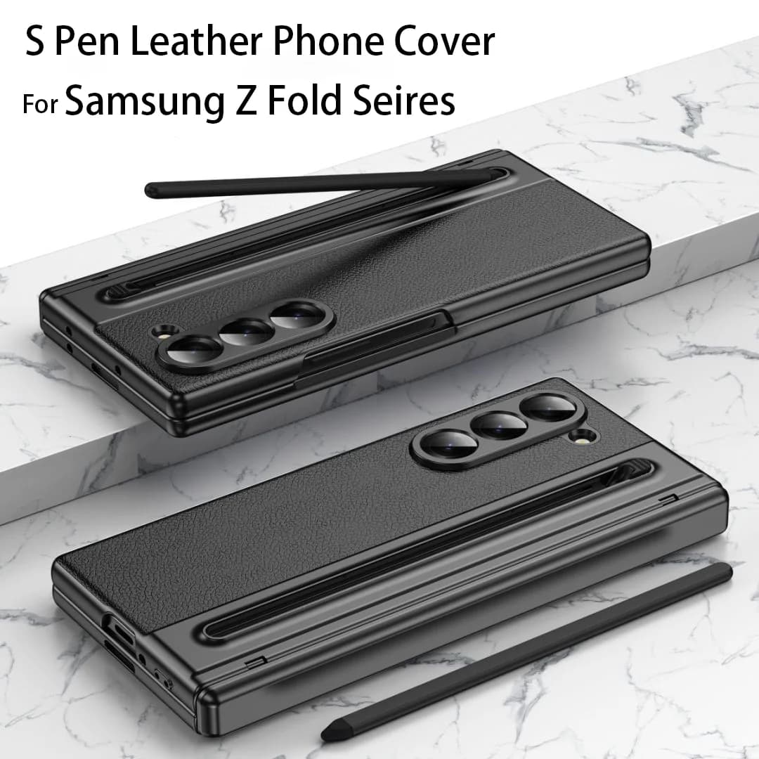 Per Galaxy Fold7 S Pen Custodia in pelle per telefono Protezione cerniera e protezione schermo integrata Cover per telefono in pelle per Fold5 Fold6 Nero