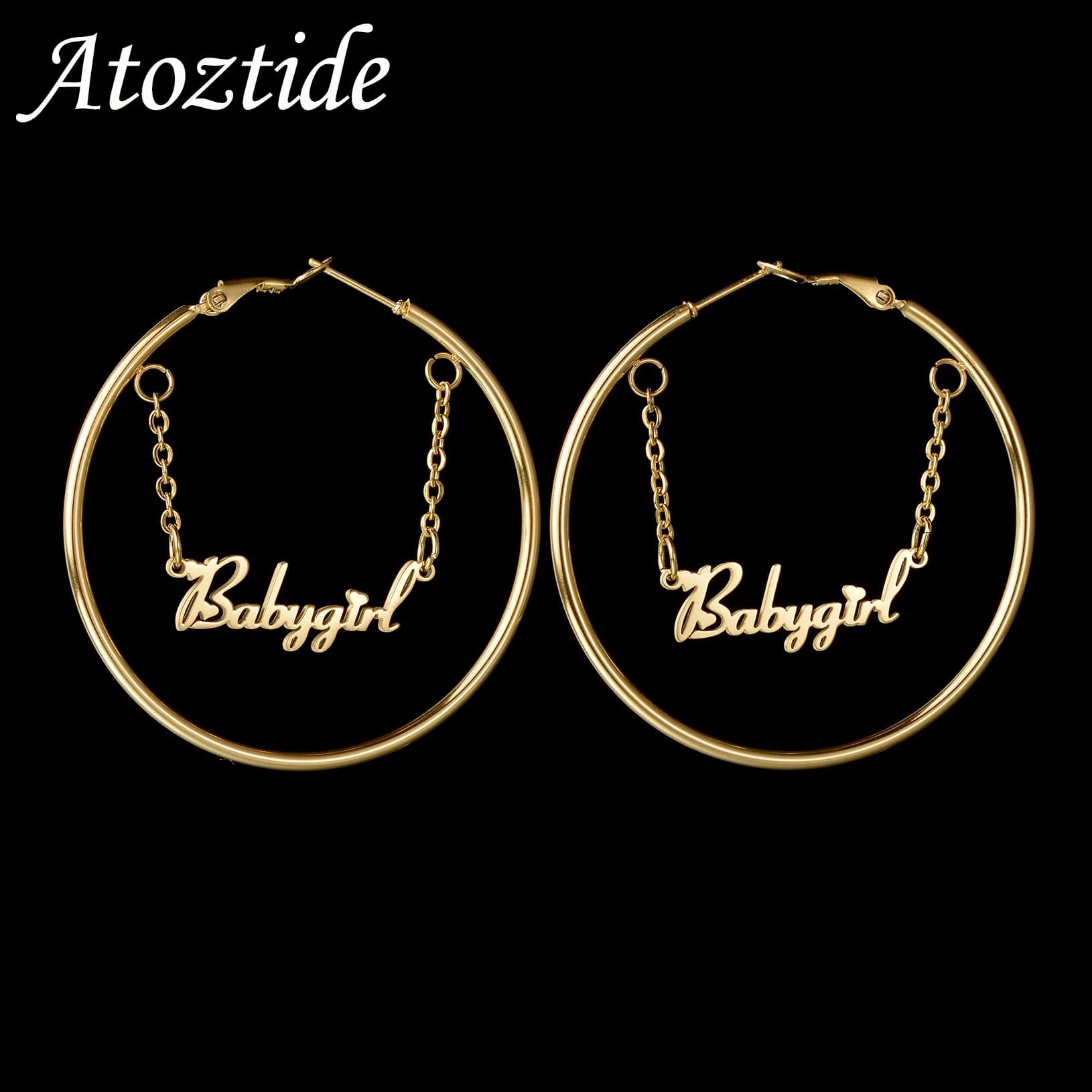 Atoztide Personalized Custom Name Earrings With Chain Stainless Steel for Women Letters Nameplate Fashion Birthday Jewelry Gift