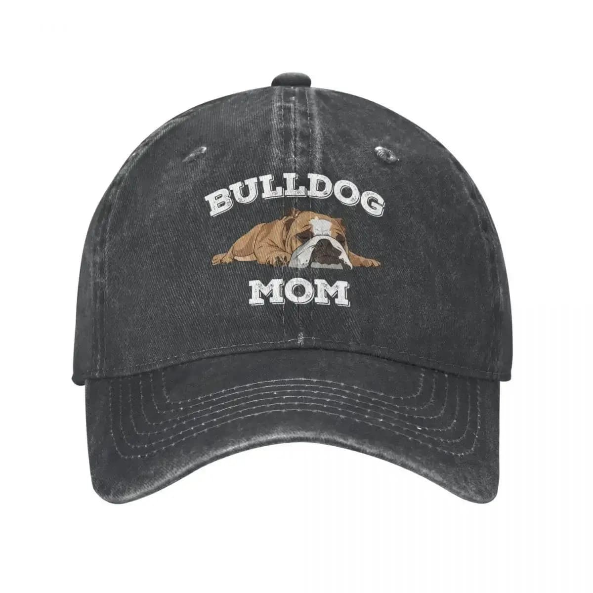 Men' & Women' English Bulldog Mom Cap with Bulldog Face & BULLDOG MOM Text - Adjustable Snapback Hat, Lightweight Washed Retro U