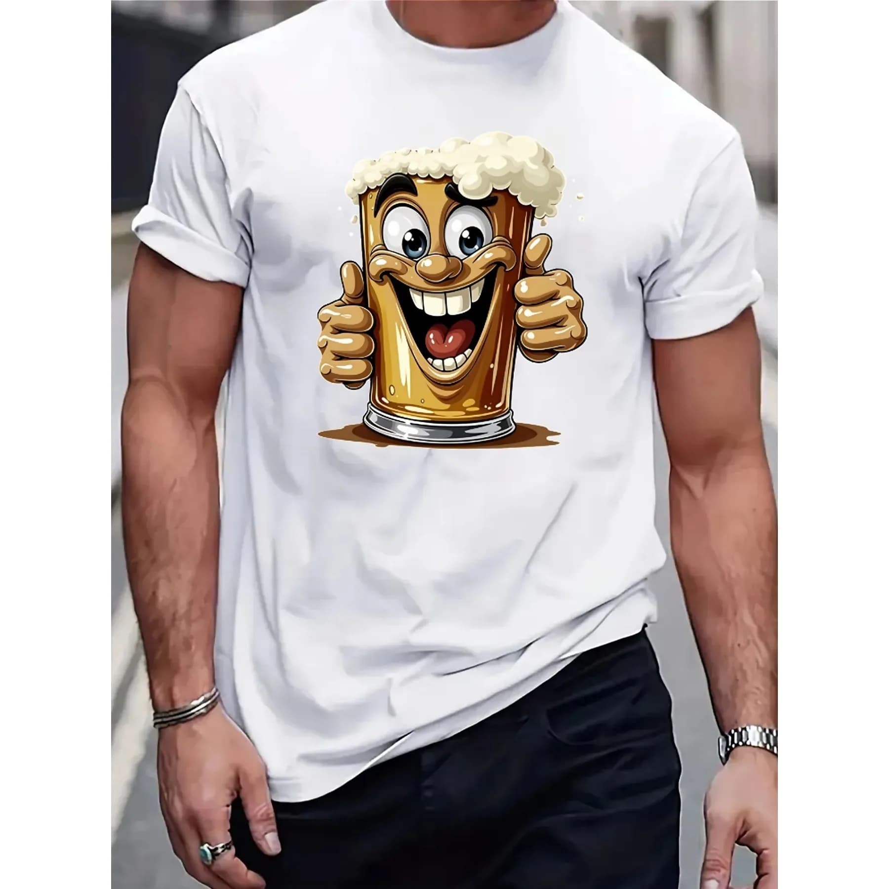 Divertente maglietta con grafica a forma di pollice in su per tazza di birra, t-shirt da uomo in cotone traspirante, casual, estiva, regalo per feste e barbecue