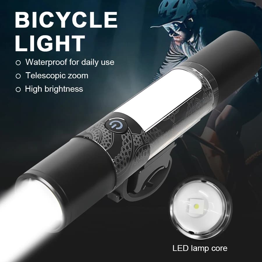 Torcia LED 2000LM con Gancio, Ricaricabile USB, Luce per Bicicletta Impermeabile, Torcia Magnetica con Zoom per Campeggio e Ciclismo