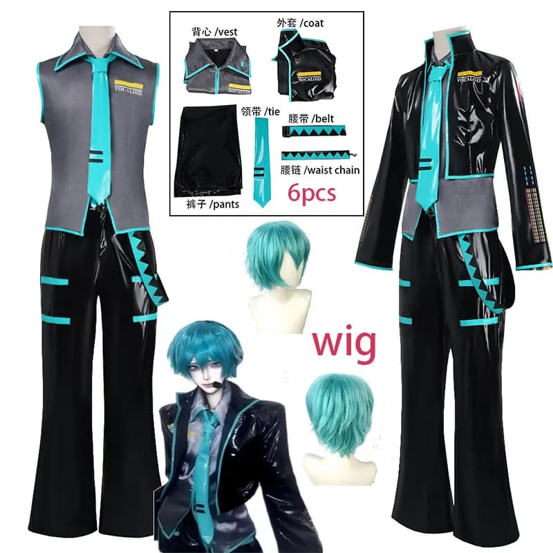 WHH Anime MMiLku Male Cosplay Costume Black PU Leather Coat Vest Pants Accessories Fancy Halloween Party Men Performance Outfits