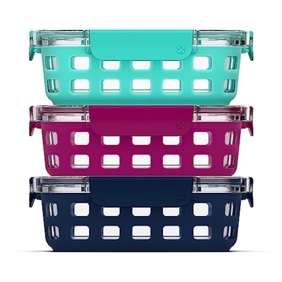 Set di Contenitori per Alimenti Duraglass 6 Pezzi 3 Pacchi - Contenitori in Vetro con Guaina in Silicone e Coperchi Ermetici in Plastica Senza BPA