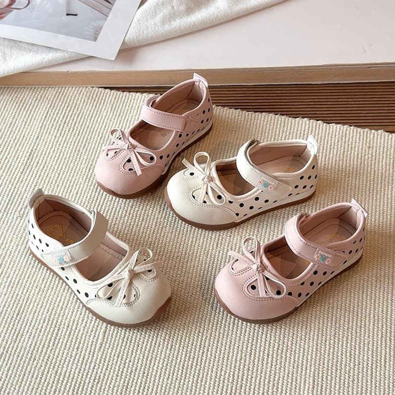 Girls Polka Dot Mary Janes Front Bow Decor Single Adjustable Velcro Strap Soft Leather Flat Shoes For Daily Princess Matching
