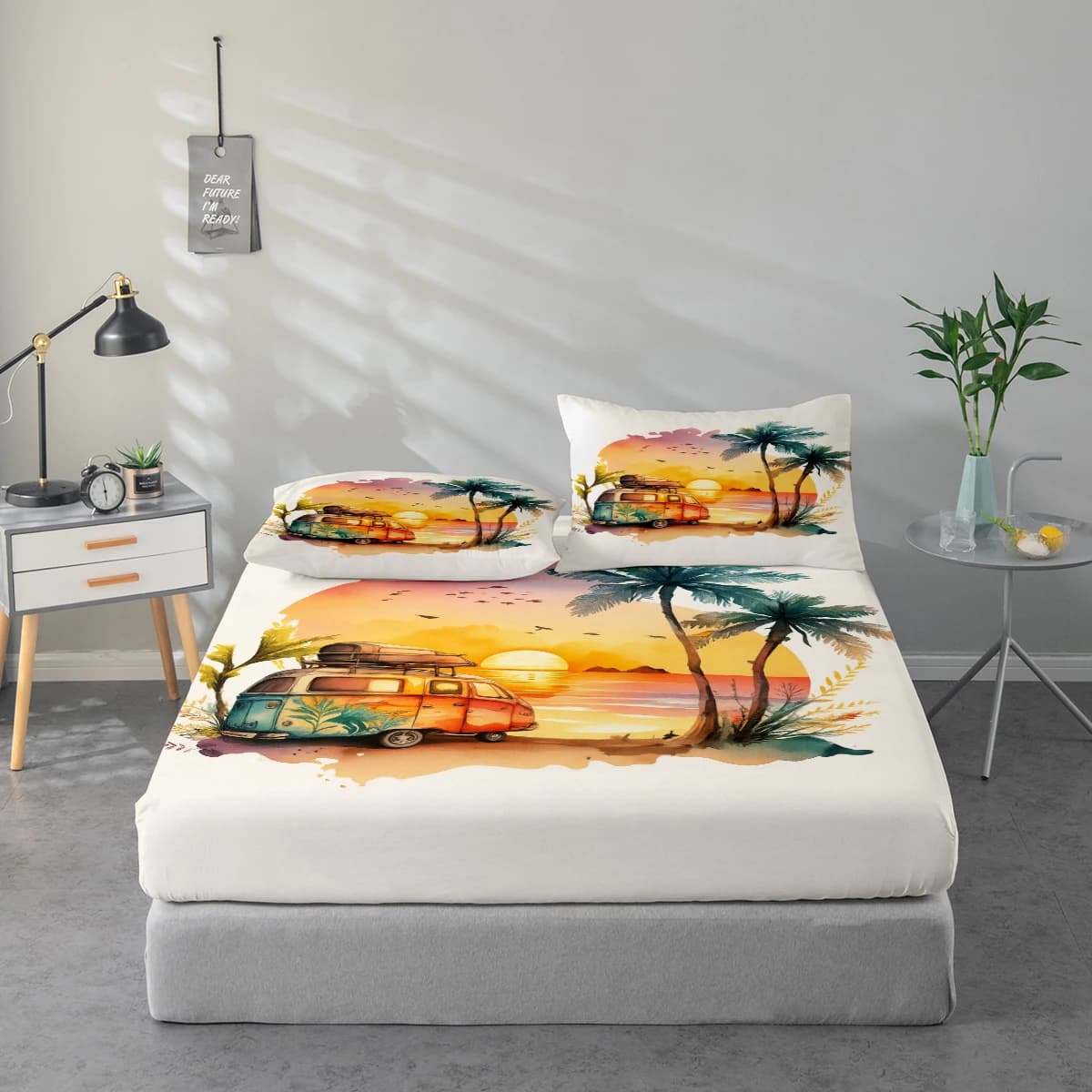 Bed linen set with Beach Sunset Camper Van print, protection for mattress and pillowcase combined, set of high-definition printed sheets includes 1 sheet with corners + 1 or 2 pillowcase (1 pillowcase for 60*100 cm and 2 pillowcase for 72*132 cm, the rest of the sizes has 2 pillowcases), suitable for bedroom and guest room, ultra soft polyester bed linen, washing in all seasons, usable in all seasons