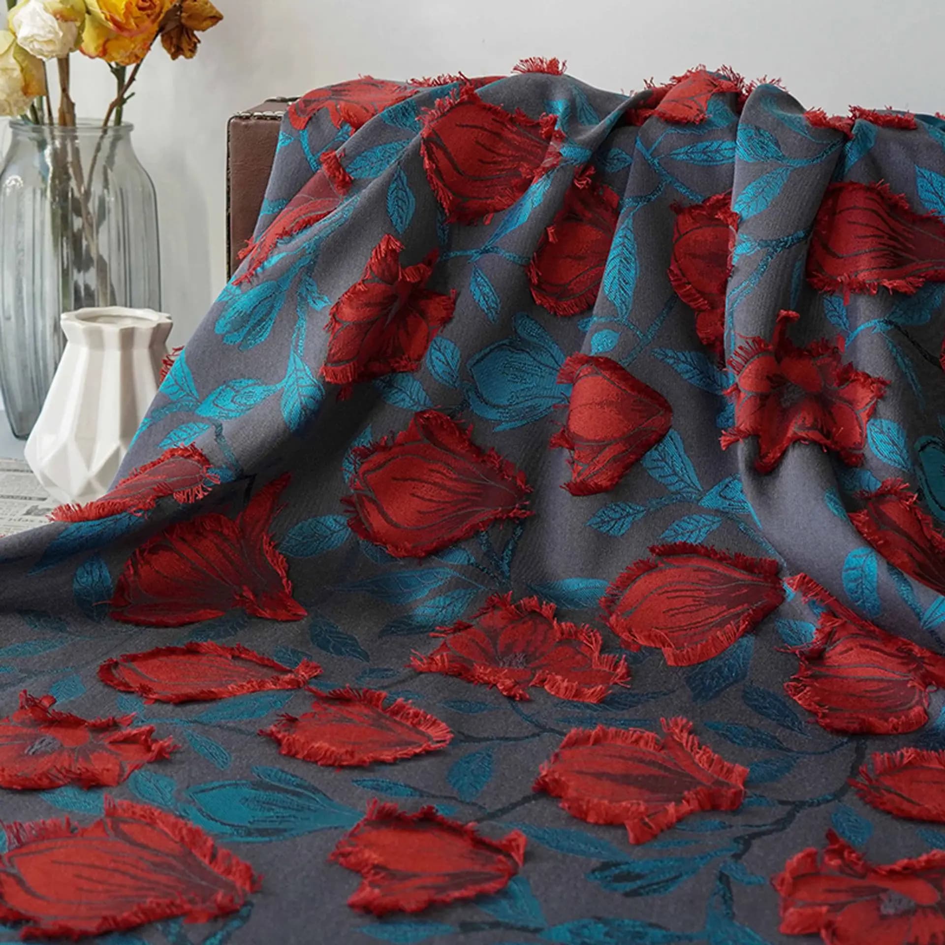 Blue Base Red Floral Jacquard Woven Fabric for Dress Vest Suit Decorative Handmade Sewing Fabric
