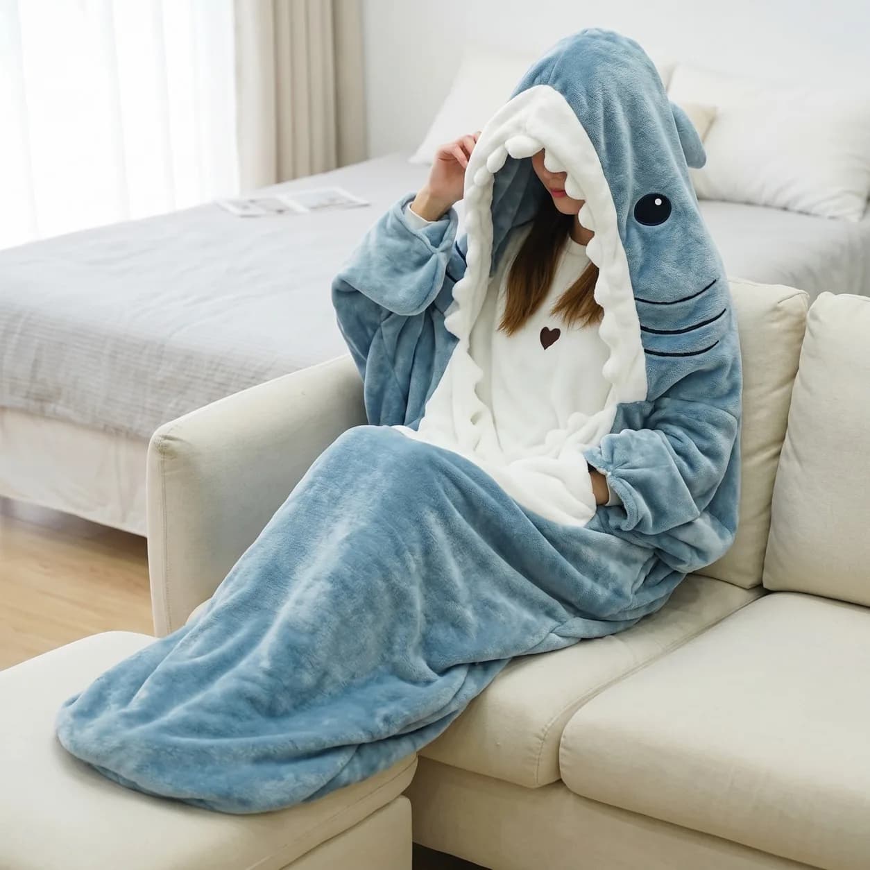Shark Wearable Blanket Hooded Sleeping Bag Flannel Homewear Nap Gown Sofa Bed Soft Blanket Costume Accessory Gift