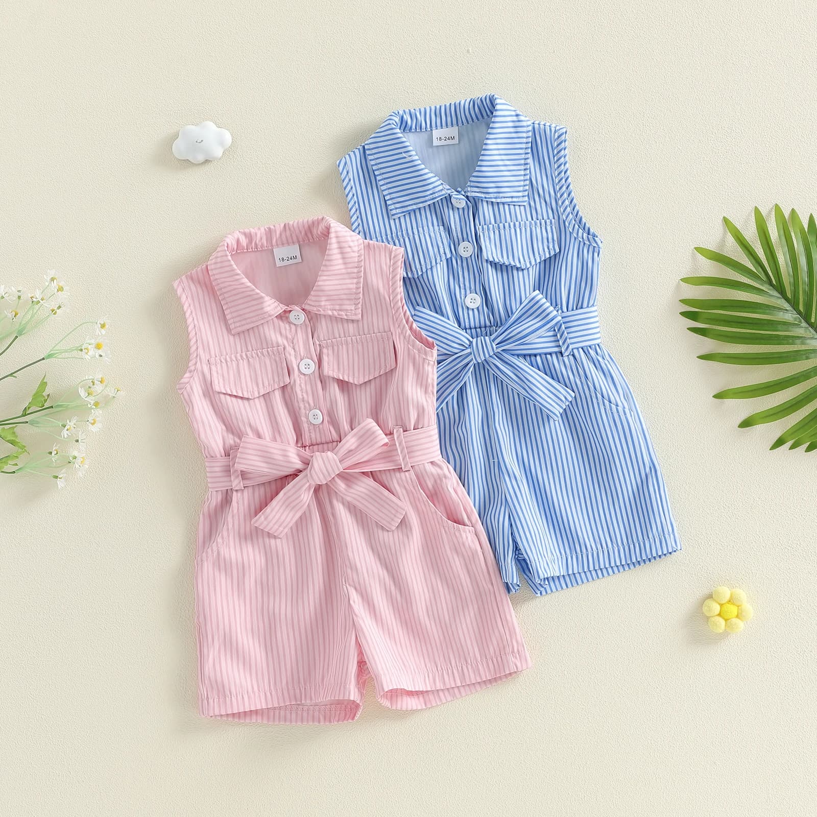 Tutina estiva per neonata senza maniche, colletto con risvolto, stampa a righe, pantaloncini con cintura, tutina per bambini