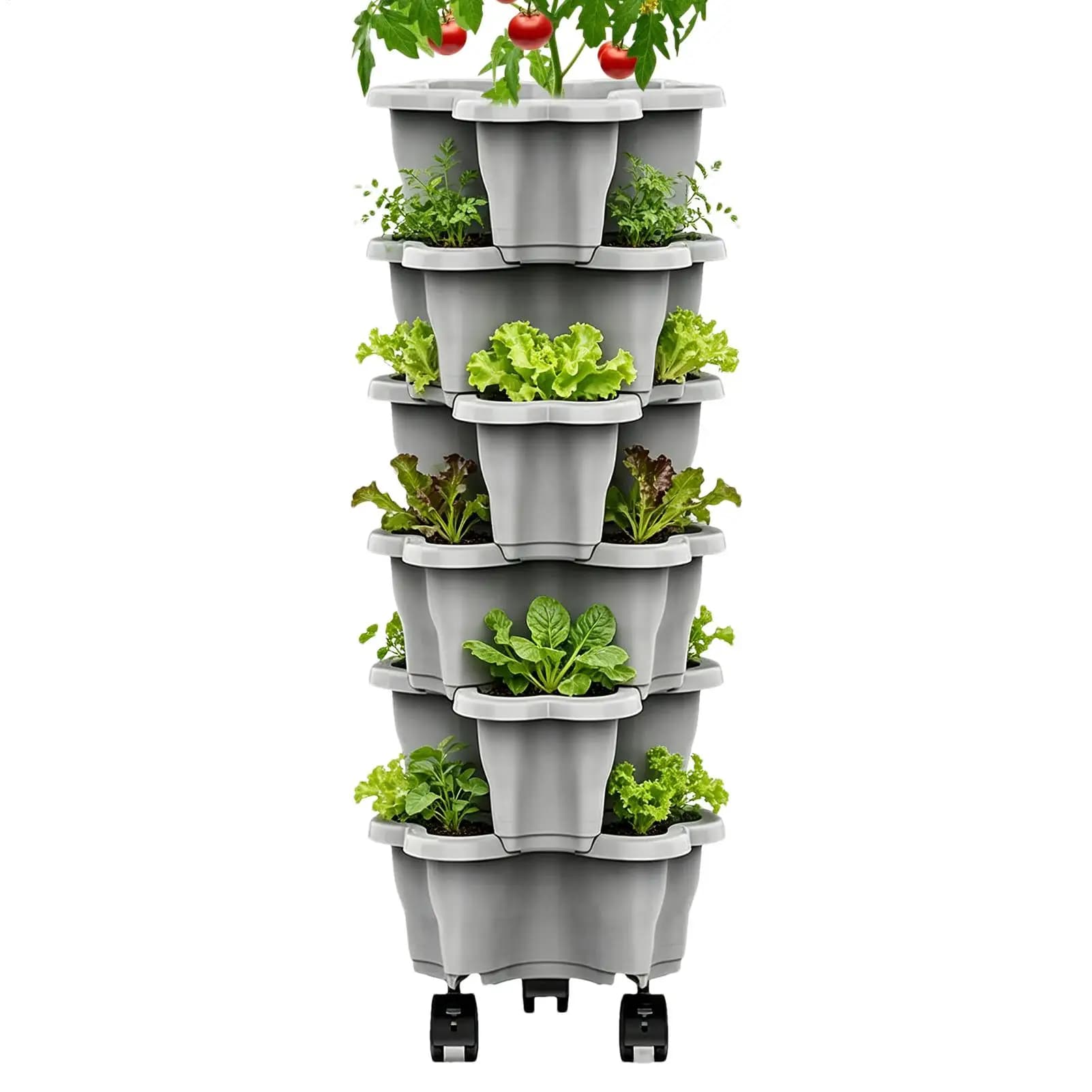6-Tier Plastic Stackable Vertical Flower Pot Garden Planter Tower With Movable Casters For Strawberry Vegetable Frame Growing