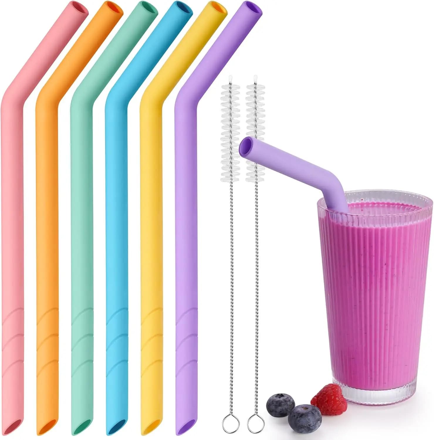 Confezione da 6 cannucce larghe in silicone riutilizzabili per Boba e frullati, ecologiche, sicure per i bambini, con spazzola per la pulizia