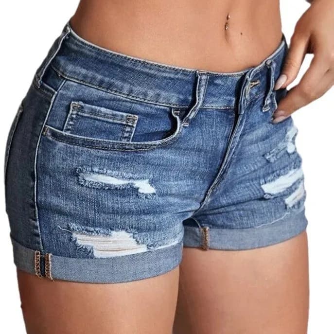 High Waist Washed Denim Shorts Distressed Skinny Ripped Cuffed Blue Jeans Short Pants Button Fly Casual Short Jeans