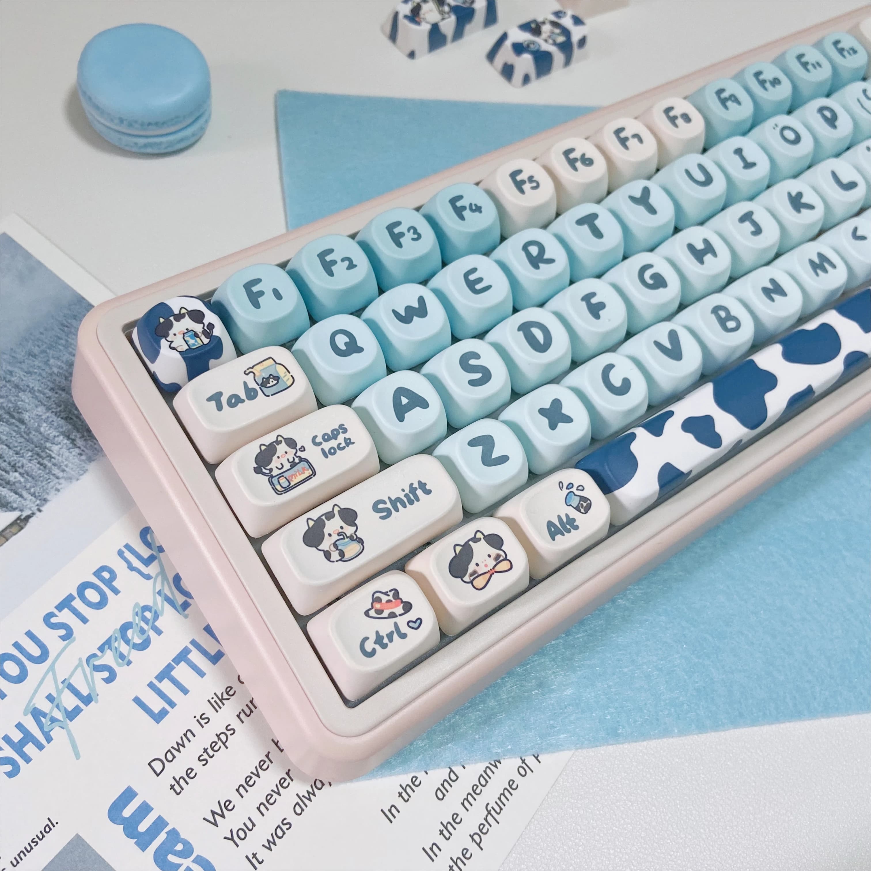 Simpatici copritasti blu cielo per tastiere meccaniche Profilo MOA Copritasti PBT Tastiere da gioco Accessori fai da te Copritasti a tema mucca